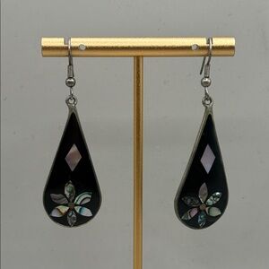 Vintage Alpaca Mexico Black Flower Abalone Floral Dangle Drop Statement Earrings